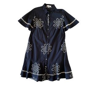 Pearl By Lela Rose Navy Blue Button Front Dress White Flower Embroidery Size S